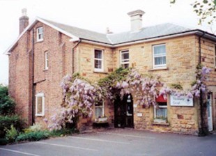 A two-story brick building features lush wisteria vines draped over the entrance and windows. A sign reads  A two-story brick building features lush wisteria vines draped over the entrance and windows. A sign reads