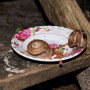Dog bowl snails Snails consume scattered food on a floral-patterned plate, placed on a rough wooden plank outdoors in a dimly lit setting.