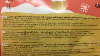 Packaging displays a sugar-free chocolate advent calendar with xylitol and soya, labeled 
