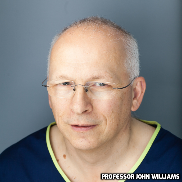 vets-now-john-williams-soft-tissue A man with glasses and short, white hair looks directly at the camera against a plain backdrop. Text reads: “PROFESSOR JOHN WILLIAMS.â€