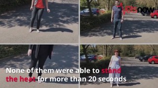 Hot pavements dogs Image of Vets Now staff walking on hot tarmac for article on dangers of hot pavements to dogs