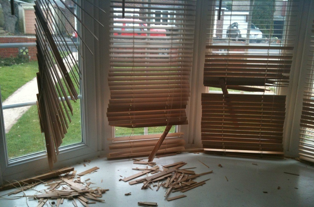 Wooden blinds hang broken with slats scattered across a windowsill, overlooking a garden pathway and a parked red car.