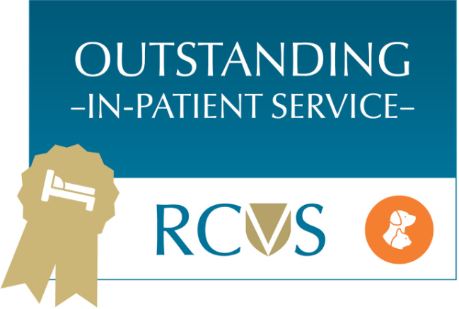 Blue and white logo of Outstanding in-patient service RCVS