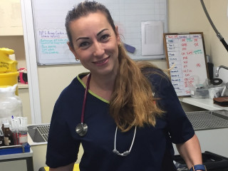 A woman wearing a stethoscope around her neck smiles in a clinical setting, surrounded by medical supplies, a whiteboard with notes, and a schedule on a corkboard.