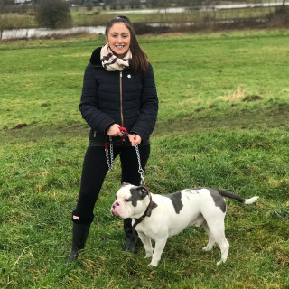 A woman wearing a black jacket and scarf holds a bulldog on a leash; they stand on green grass in a lush park with a river in the background.