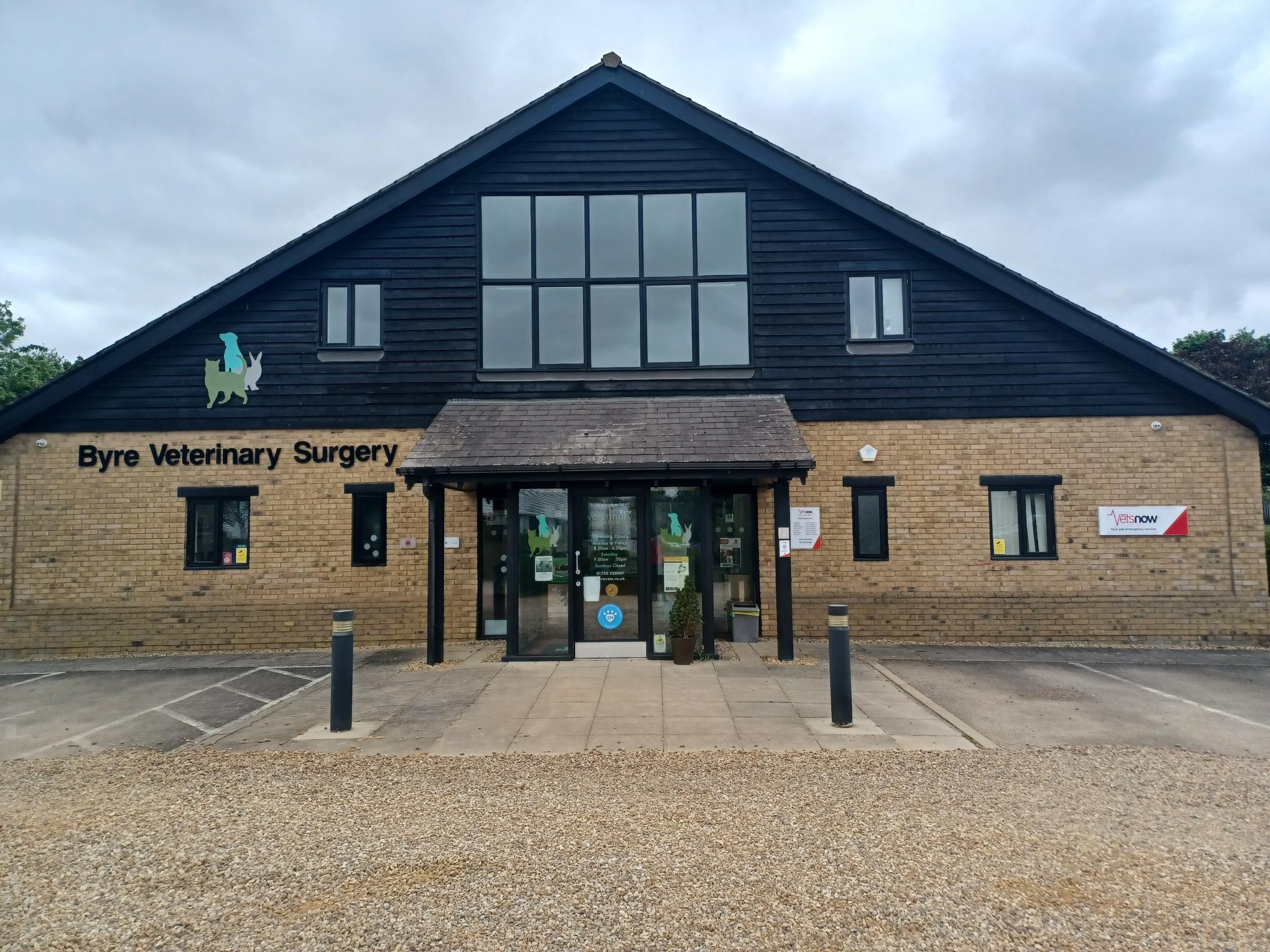 Front view of Byre Veterinary Surgery in Peterborough featuring clear Vets Now partnership signage on the right.
