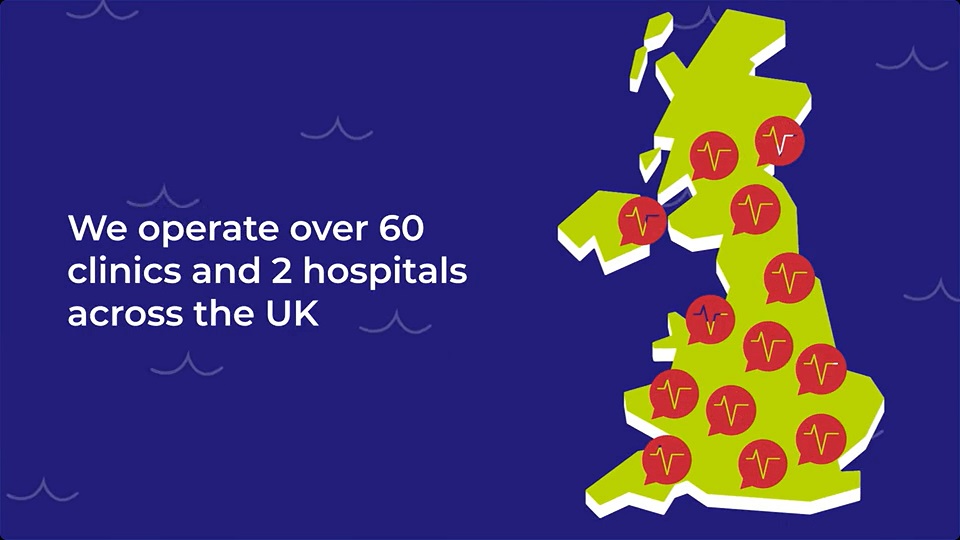 A map of the UK showing the locations of over 60 Vets Now clinics and two hospitals. The map features red markers with a heartbeat symbol. Text reads, 