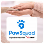 Human holding a paw with logos from PawSquad and Vets Now