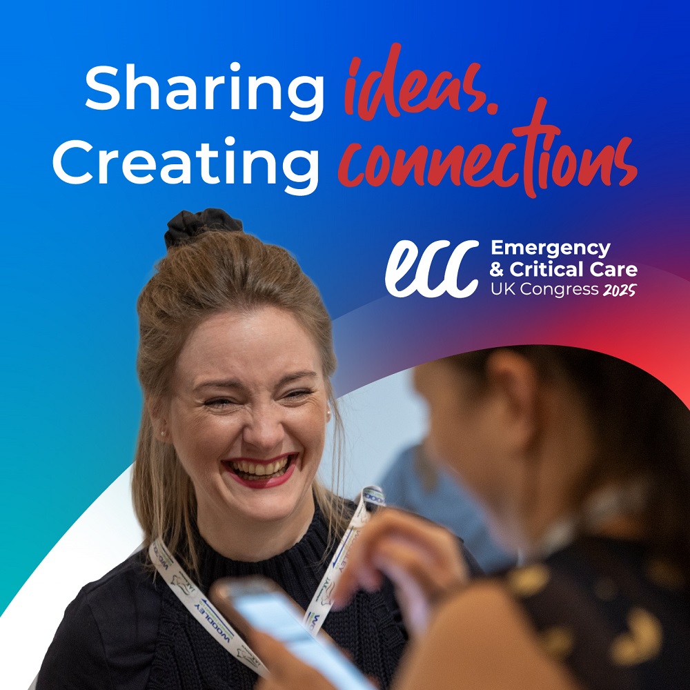 Congress_2025_website_landing Smiling attendee at the ECC UK Congress 2025 with the event slogan “Sharing ideas. Creating connections” in the background