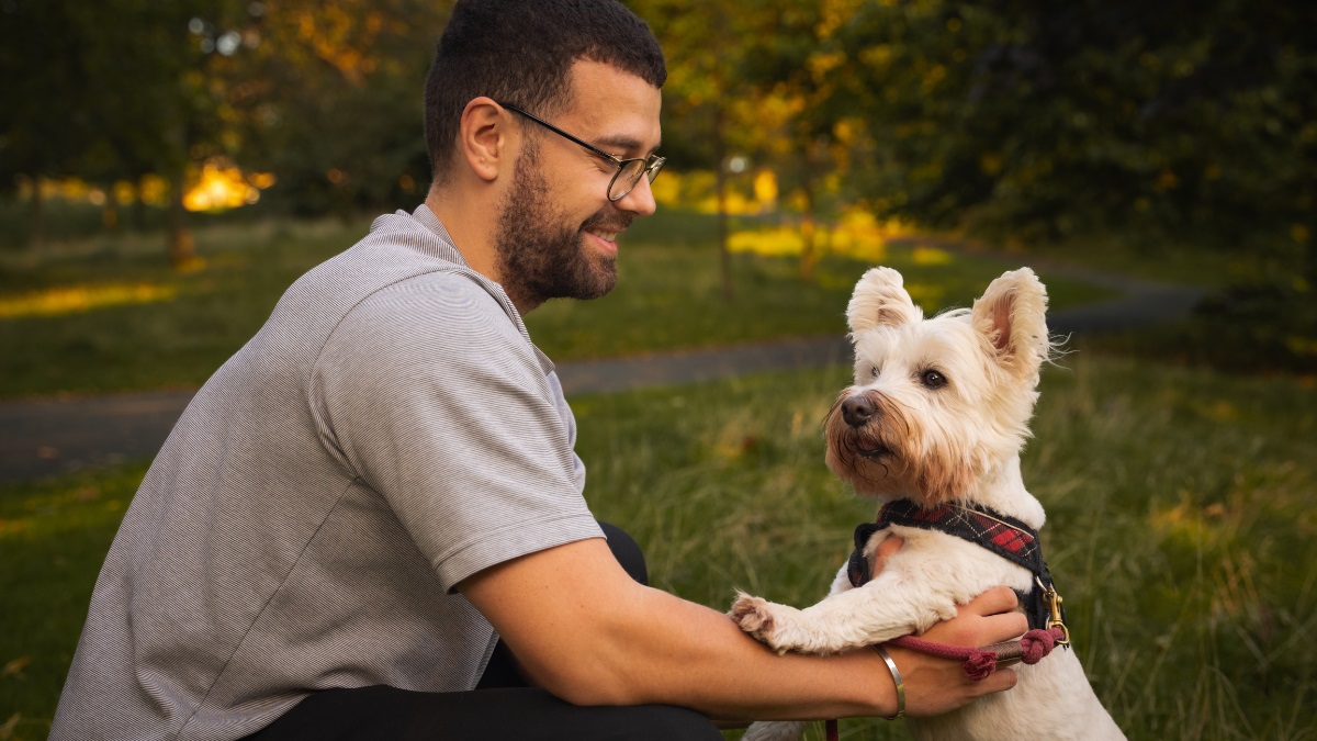 man-with-westie-in-park Smiling man crouching and holding paws with a white terrier in a park during golden hour