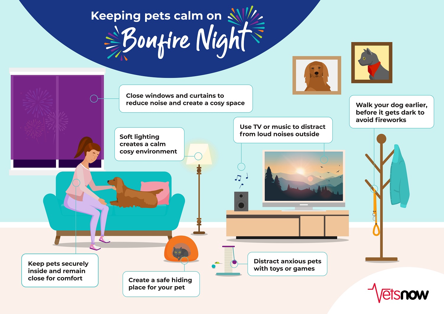 Keeping Pets Calm House Scene Infographic titled 'Keeping pets calm on Bonfire Night' showing a cosy living room scene with tips for pet owners. A woman sits on a sofa with a dog, while a cat hides in a pet bed nearby. Advice includes: close windows and curtains to reduce noise, use soft lighting, distract pets with toys or music, create a safe hiding place, keep pets indoors and stay close, walk dogs before dark, and use TV or music to mask loud sounds. Includes illustrations of fireworks outside, calming indoor environment
