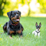 Large Rottweiler and small Toy Fox Terrier lying together on grass, showing size difference between dog breeds