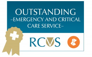 Sign displaying the text OUTSTANDING EMERGENCY AND CRITICAL CARE SERVICE with RCVS below, featuring a gold ribbon with a white cross and a circular animal graphic.