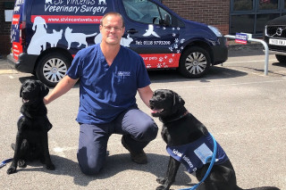 Michael Morrow St Vincents A person in blue veterinary scrubs kneels with two black Labrador dogs in front of a veterinary van. The van displays text: St Vincents Veterinary Surgery and stvincentsvets.co.uk with phone number 0118 9793200. One dog wears a vest labeled School Assistance Dog.