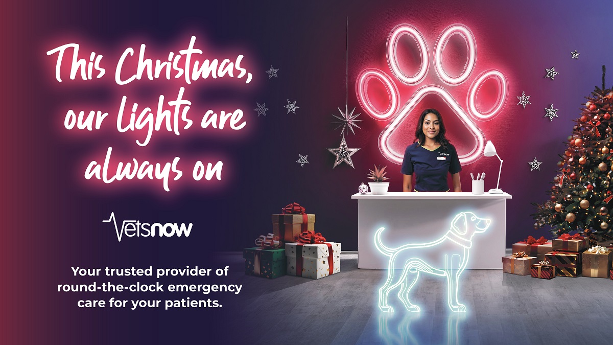 Vets Now Emergency Care During Christmas A festive image with a neon Vets Now paw logo, a glowing dog outline, and a smiling staff member behind a desk. Text reads,