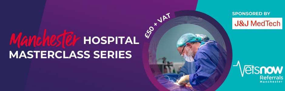 Promotional banner for the Vets Now Manchester Hospital Masterclass Series, featuring a veterinary professional treating a small animal.