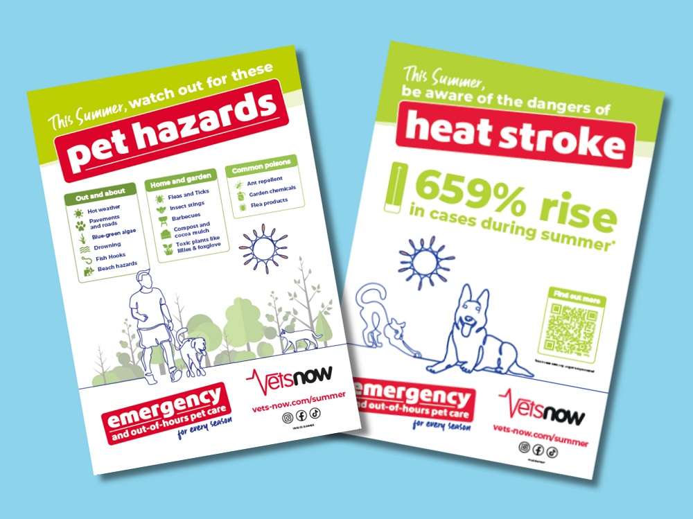 vet-now-summer-poster-preview Two illustrated summer safety posters from Vets Now. The first highlights common pet hazards outdoors and in the garden. The second warns of a 659% rise in heat stroke cases in pets during summer, with advice to find out more at vets-now.com.