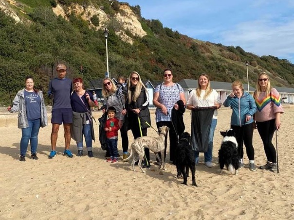 A group of people and dogs gather on a sandy beach, holding garbage bags. Behind them, grassy hills and beach huts enhance the coastal landscape.