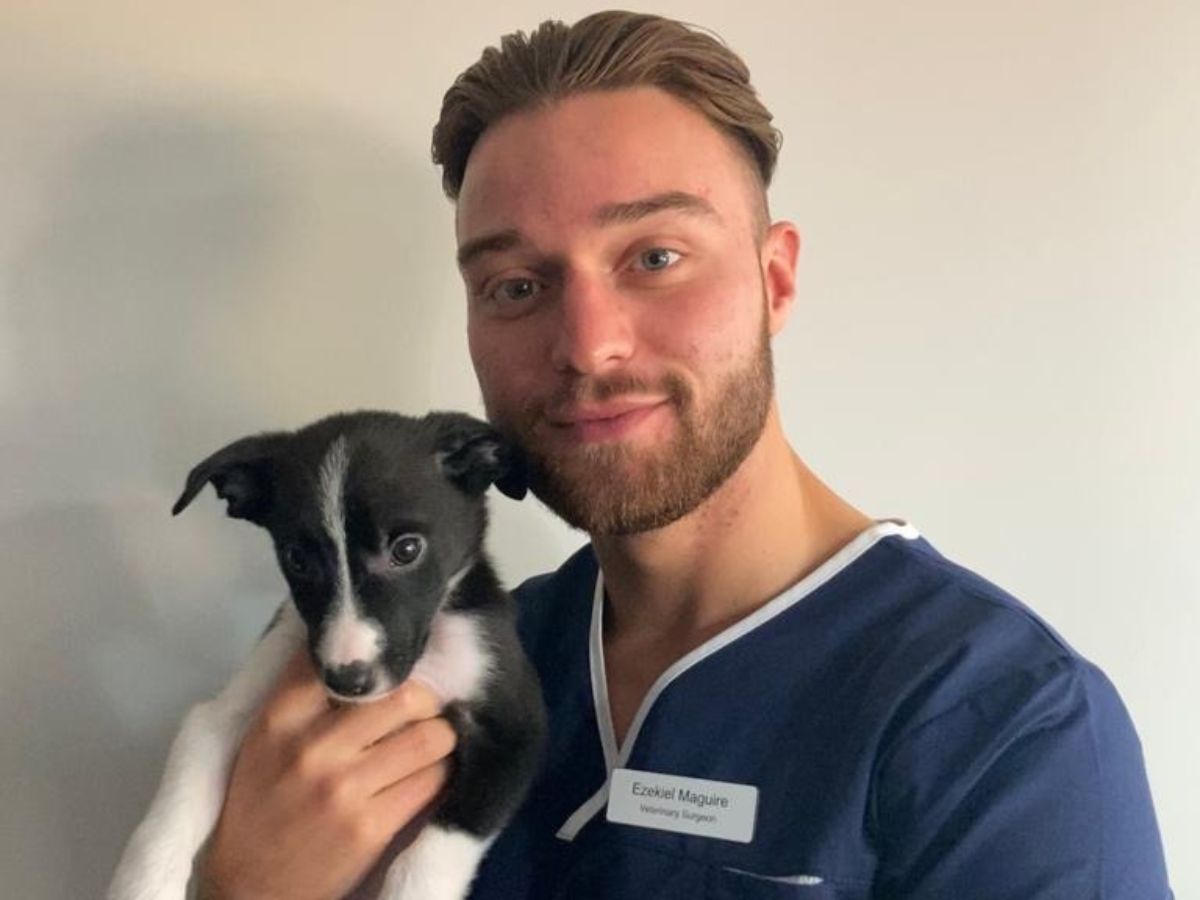 A vet in scrubs holding a puppy