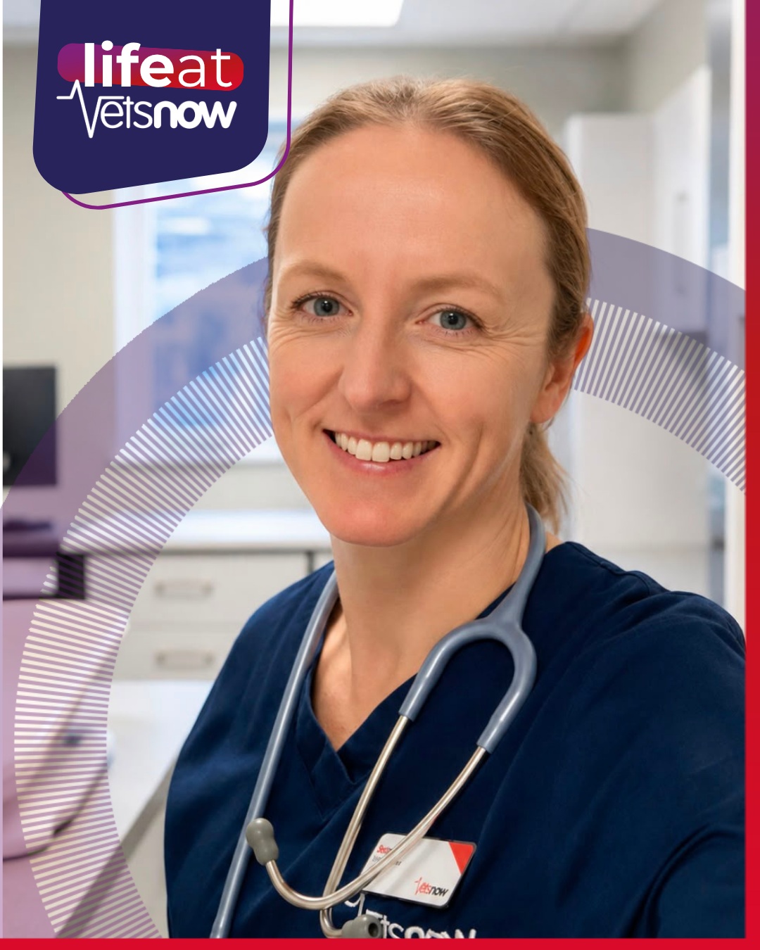 Female veterinary surgeon wearing scrubs and a stethoscope at a Vets Now emergency veterinary clinic.Female veterinary surgeon wearing scrubs and a stethoscope at a Vets Now emergency veterinary clinic.